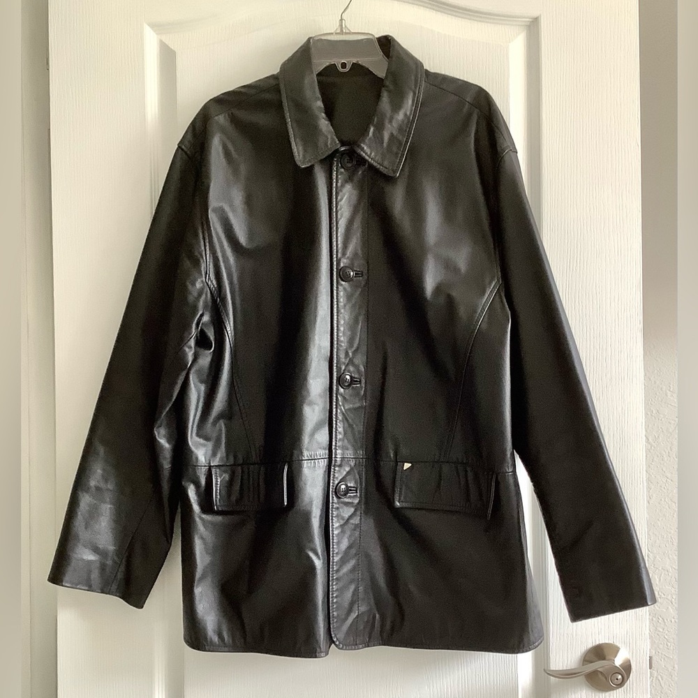 VINTAGE “NEW MAN” SLEEK BLACK GENUINE LEATHER JACKET - SIZE XL